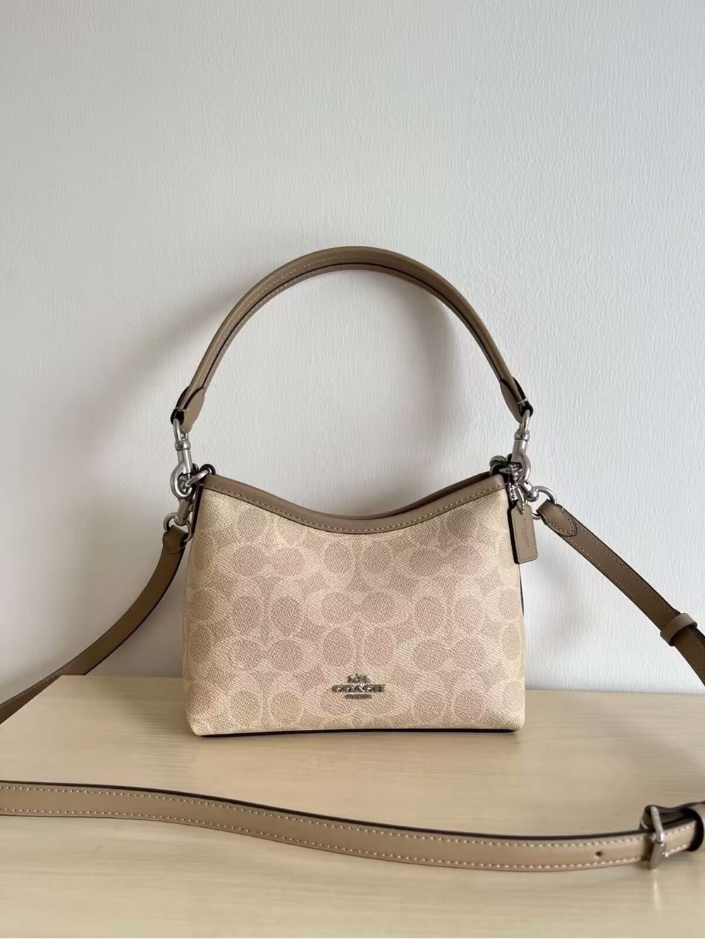 Coach Beige Signature Canvas Shoulder Bag with Tan Trim